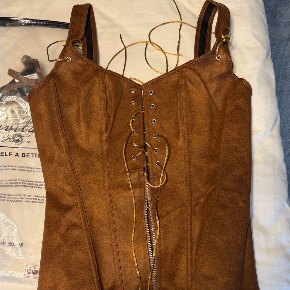 Stylish Brown Corset with Lace-Up and Zipper